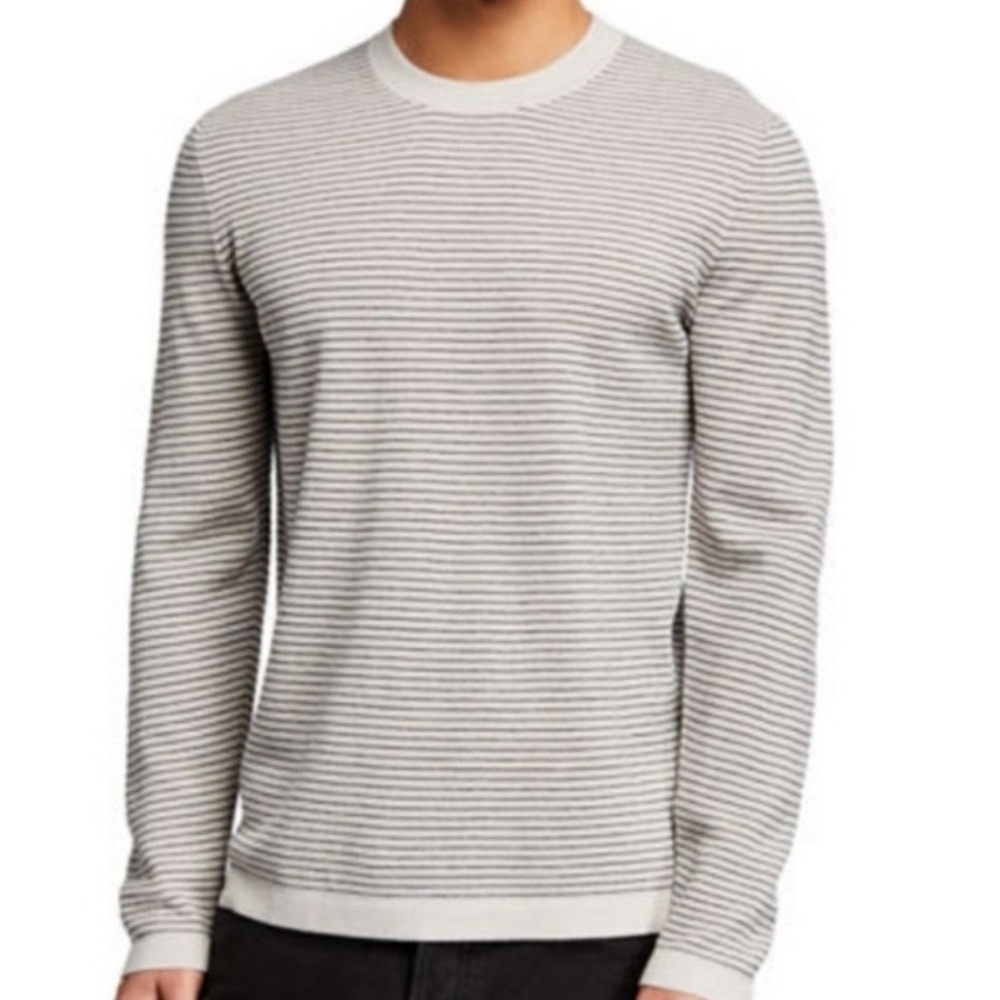 Theory Ollis Crew Milos Grey Navy Striped 100% Merino Wool Sweater Mens Large